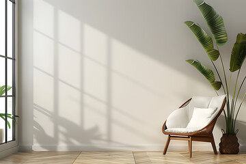 A  white wicker chair with a white cushion sits in a minimalist room with a potted plant, sunlight streaming through the window.