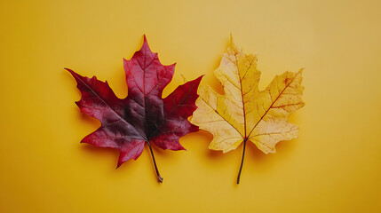 Fototapeta premium The Beautiful Autumn Leaves Displaying Vibrant Colors on a Bright Yellow Background