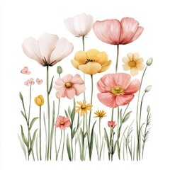 Fototapeta premium Colorful wildflowers arranged beautifully on white isolated background.