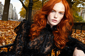 a red-haired, freckled fashion model sitting on a Central Park bench surrounded by fallen leaves