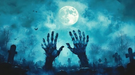 Obraz premium Zombie Hands Rising Out Of A Graveyard With Full Moon And Halloween Pumpkins