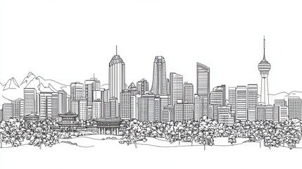 Naklejka premium A seamless pattern featuring the outline of the Seoul, South Korea city skyline. Includes modern buildings, isolated against a white background. Vector illustration.