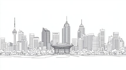 Naklejka premium A seamless pattern featuring the outline of the Seoul, South Korea city skyline. Includes modern buildings, isolated against a white background. Vector illustration.