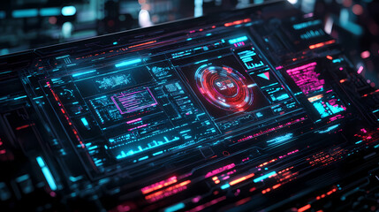 Obraz premium Holographic e-commerce overview, advanced marketplace data analysis, futuristic design, dark cyberpunk atmosphere. Cyberpunk Marketplace. Illustration