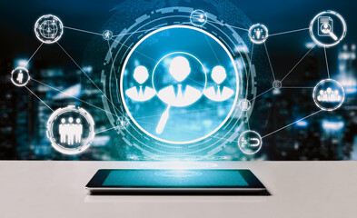 Human Resources Recruitment and People Networking Concept. Modern graphic interface showing professional employee hiring and headhunter seeking interview candidate for future manpower. uds