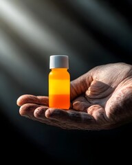 Close up of a weathered aged hand holding a bottle of sunscreen skin tone displaying visible signs of sun damage and exposure with bright natural light casting dramatic shadows on the scene