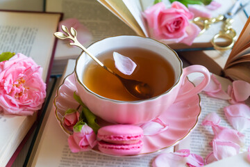 A cup of aromatic tea, a book and a rose on the table.