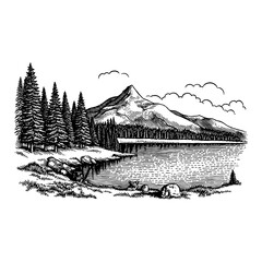 Black and White Outline Line Art Drawing of Mountain with Trees and Lake Landscape Engraving