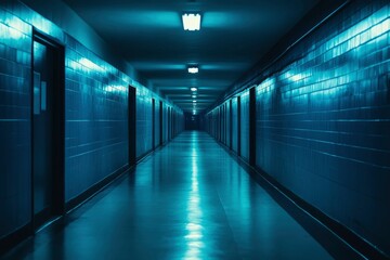 A Long, Empty, Blue-Lit Corridor With Doors on Either Side
