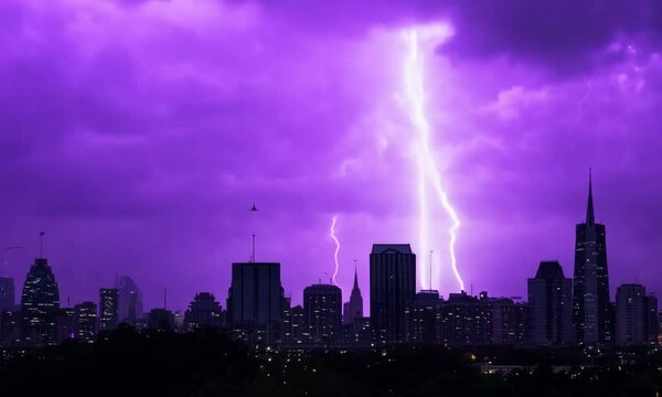 Thunderstorm at the city with purple lights