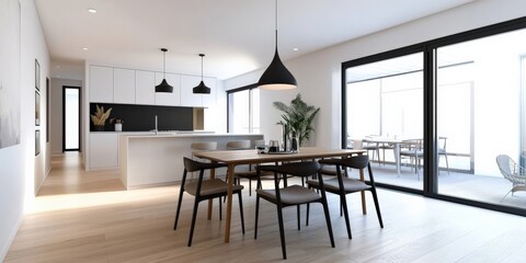 A bright, open-concept Scandinavian apartment with a neutral-toned living room, sleek dining table, and light wood accents, featuring minimalist decor and large windows for natural light