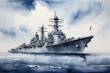 Majestic Watercolor Warship on Serene Sea for Maritime and Military Art