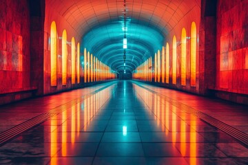 Arched Passageway with Warm and Cool Lighting Reflections