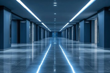 Obraz premium A Long, Empty Corridor with Bright White Lights and a Smooth Marble Floor