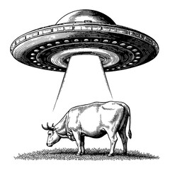 Black and White Outline Line Art Drawing of a UFO Abducting a Cow in Field © Reytr