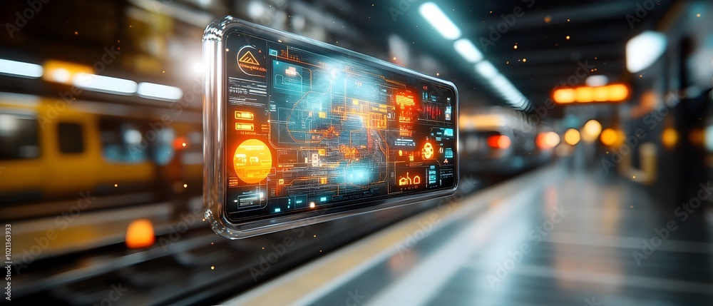 Poster holographic subway map projection hovering above a futuristic station platform displaying real time 
