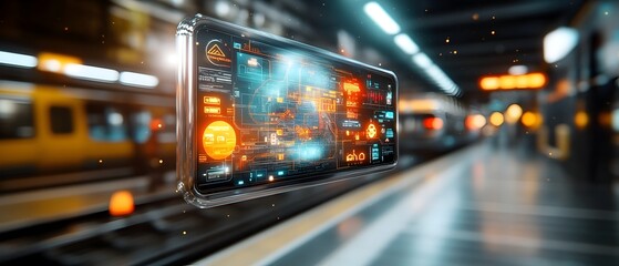 Holographic subway map projection hovering above a futuristic station platform displaying real time transit data and route information with a detailed high tech aesthetic
