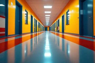 Fototapeta premium Empty Hallway with Yellow Walls, Blue Doors and Red Striped Floor