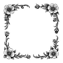 Black and White Outline Line Art Drawing of Vintage Frame Made of Anemone Flowers