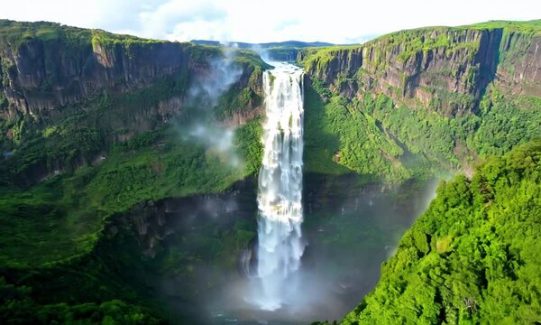 Landscape in the Angel Falls, drone flies over the tallest waterfall in the world