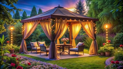 Elegant curtained gazebo for outdoor relaxation and gatherings, perfect for gardens, patios, and backyard retreats.