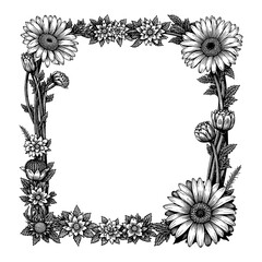 Black and White Outline Line Art Drawing of Vintage Floral Frame with Gerbera Flowers