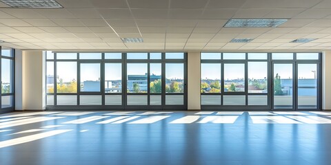 Fototapeta premium Empty Office Room With Large Windows And City View