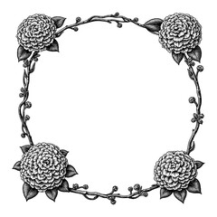 Black and White Outline Line Art Drawing of a Square Frame Made of Detailed Hydrangea Flowers