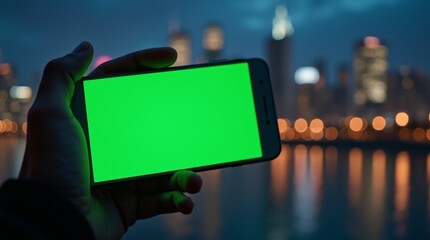 A person's hand holding a smartphone with a green screen, in the background are blurred city skyscrapers