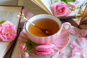 A cup of aromatic tea, a book and a rose on the table.