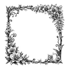 Vintage Frame made of Orchid Flowers Black and White Outline Line Art Drawing