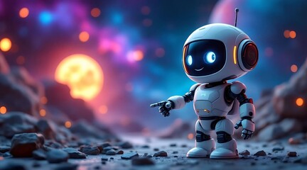 A small, white robot with blue eyes points to something in a space landscape.

