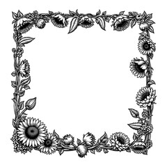 Black and White Outline Line Art Drawing Vintage Frame made of Sunflowers, Floral Border, Hand Drawn, Engraving Illustration