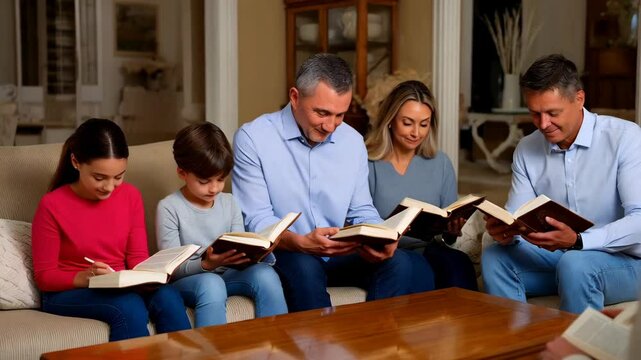 Multi generational family engrossed in reading religious texts together in a living room, showcasing faith, unity, and shared spiritual practice across ages.