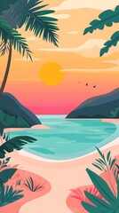 Obraz premium Tropical Beach Sunset Illustration
