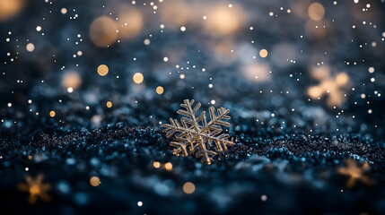 黑色岩石上的金色雪花晶片特写