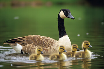 Goose with Goslings: A mother goose leading her fluffy goslings around a pond or grassy area, showcasing maternal care in the animal kingdom