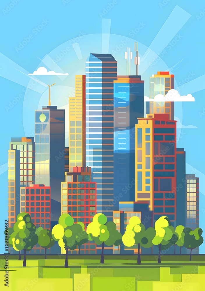 Canvas Prints Modern City Skyline with Trees and Green Grass