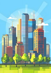 Obraz premium Modern City Skyline with Trees and Green Grass