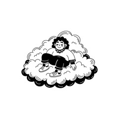 Calm person resting on a cloud, hand drawn illustration 