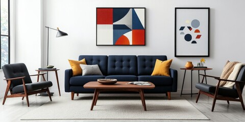 A chic living room with a navy blue sofa, surrounded by mid-century modern furniture, including a wooden coffee table and geometric wall art, creating a stylish, retro vibe