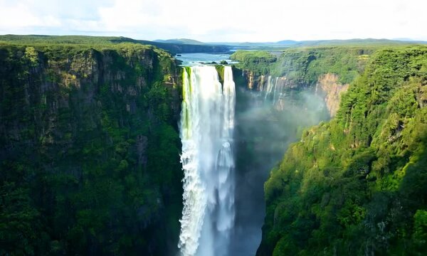 Landscape in the Angel Falls, drone flies over the tallest waterfall in the world