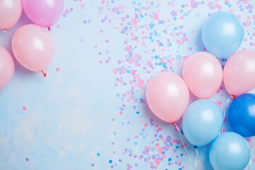 A festive arrangement of pink and blue balloons with confetti on a light blue background.