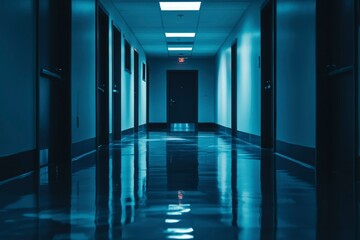 Dark and Empty Office Hallway with Shiny Floor