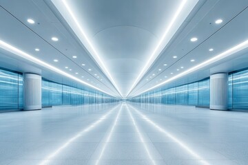 Empty Modern Hallway with Glass Walls and Bright Lights