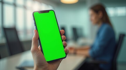 Close-up of a hand holding a phone with a glowing green display