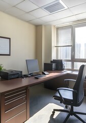 Modern Office Workspace with Large Window and Desk