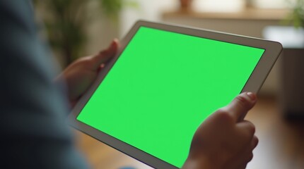 Close-up of hands gripping a tablet displaying a bright green screen
