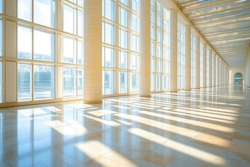 Fototapeta premium Sunlit Interior Corridor with Columns and Large Windows
