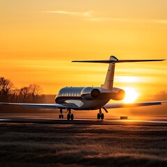 A private jet prepares for takeoff against a stunning sunset backdrop.